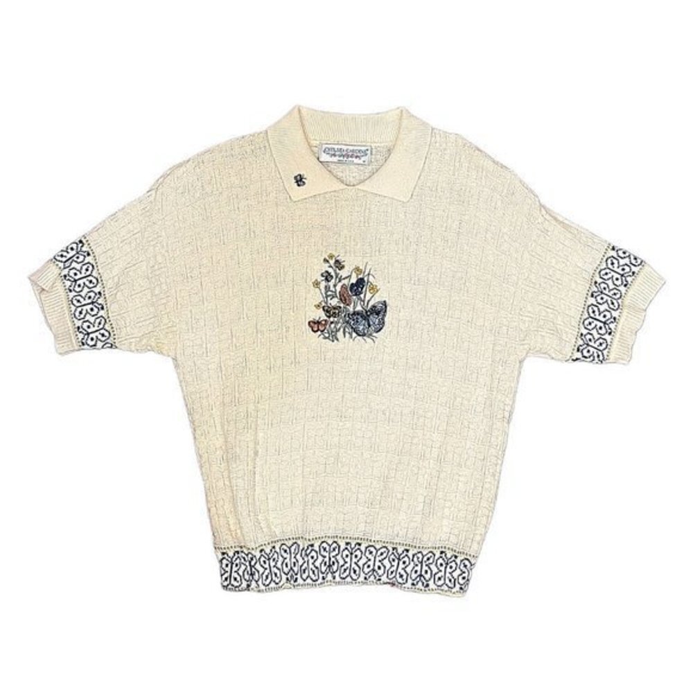 Vtg Kitschy Grannycore Chelsea Gardens Embroidered White Butterfly Garden Shirt